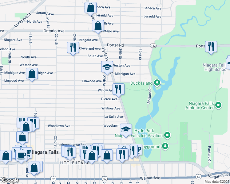 map of restaurants, bars, coffee shops, grocery stores, and more near 1422 Hyde Park Boulevard in Niagara Falls