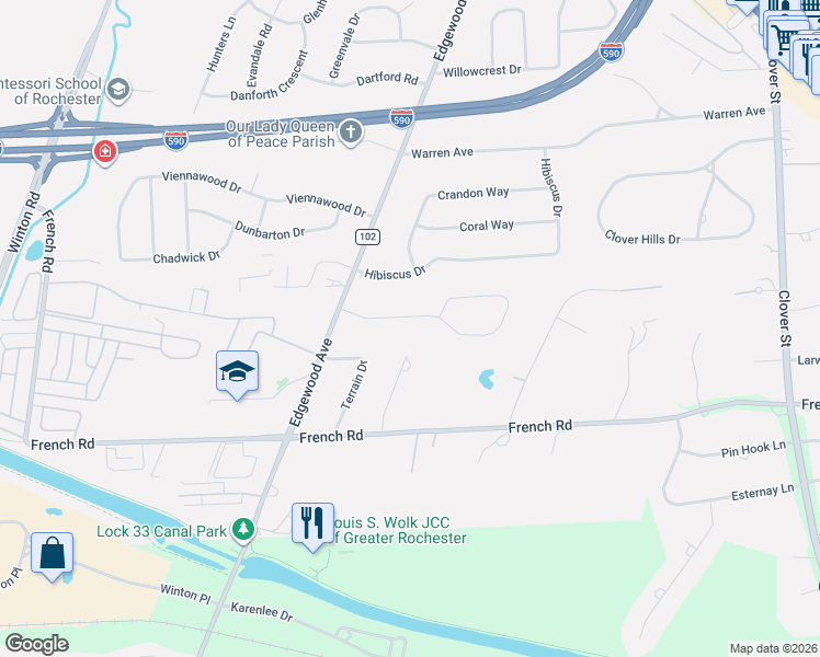 map of restaurants, bars, coffee shops, grocery stores, and more near 67 Dunrovin Lane in Rochester