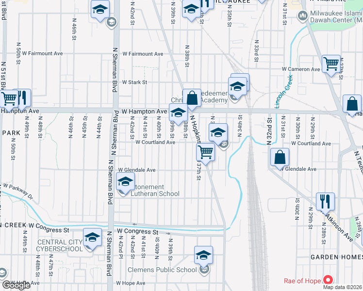 map of restaurants, bars, coffee shops, grocery stores, and more near 4676 North 38th Street in Milwaukee