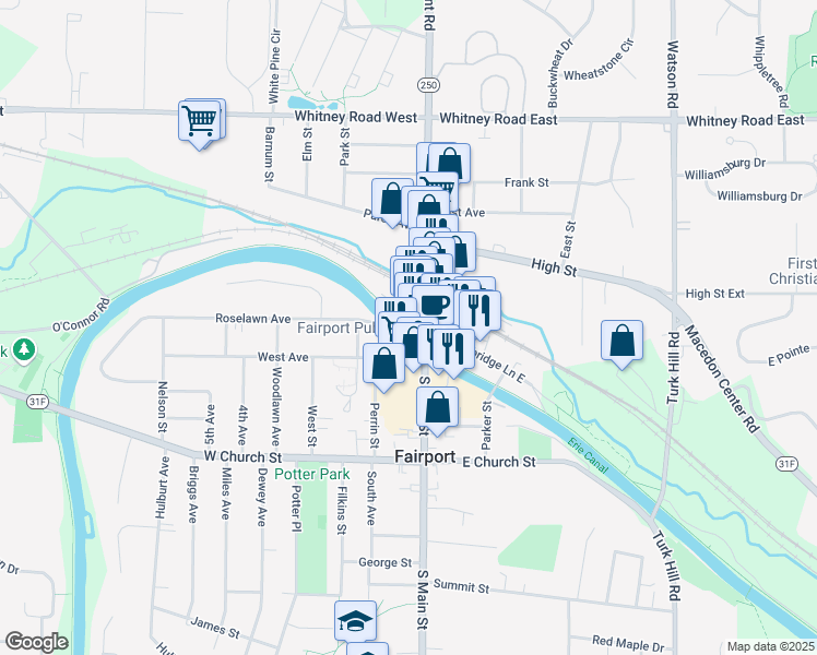 map of restaurants, bars, coffee shops, grocery stores, and more near 23 North Main Street in Fairport