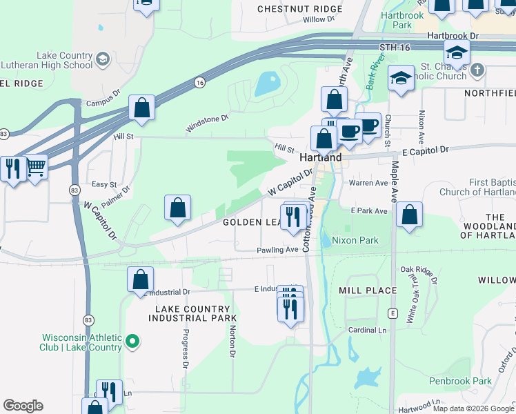 map of restaurants, bars, coffee shops, grocery stores, and more near 315 Prospect Avenue in Hartland
