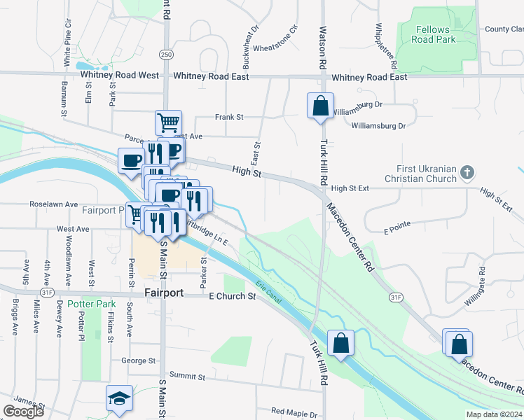 map of restaurants, bars, coffee shops, grocery stores, and more near 24 Durant Place in Fairport