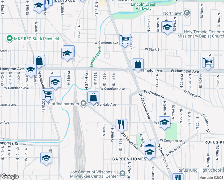 map of restaurants, bars, coffee shops, grocery stores, and more near 4669 North 29th Street in Milwaukee