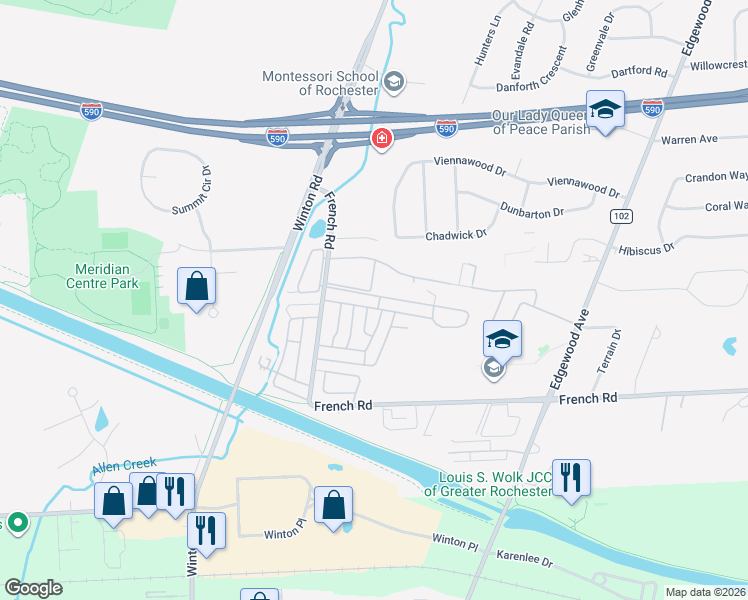 map of restaurants, bars, coffee shops, grocery stores, and more near 470 Eastbrooke Lane in Rochester