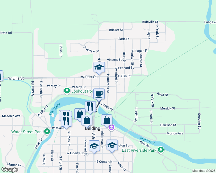 map of restaurants, bars, coffee shops, grocery stores, and more near 409 Hambrook Street in Belding