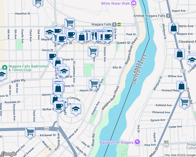 map of restaurants, bars, coffee shops, grocery stores, and more near 4444 Simcoe Street in Niagara Falls