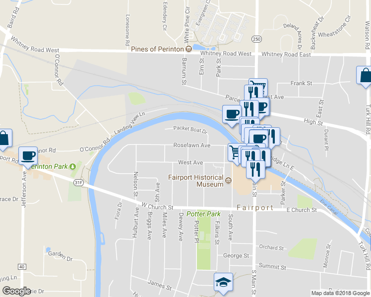map of restaurants, bars, coffee shops, grocery stores, and more near 71 Roselawn Avenue in Fairport