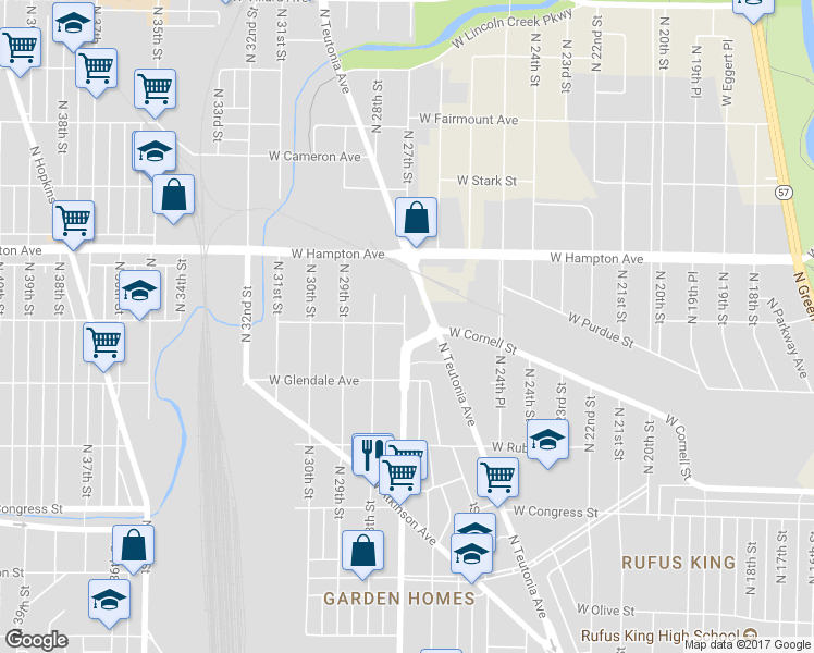 map of restaurants, bars, coffee shops, grocery stores, and more near 4668 North 27th Street in Milwaukee