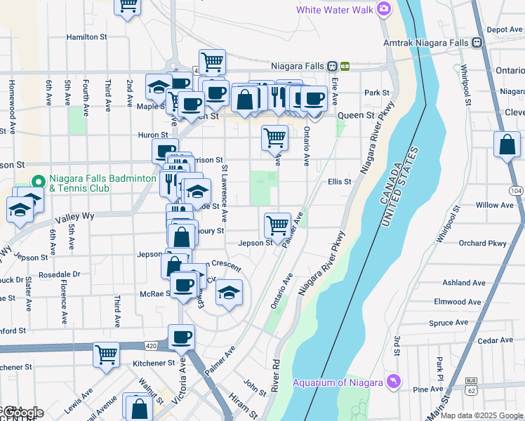 map of restaurants, bars, coffee shops, grocery stores, and more near 4962 Crysler Avenue in Niagara Falls