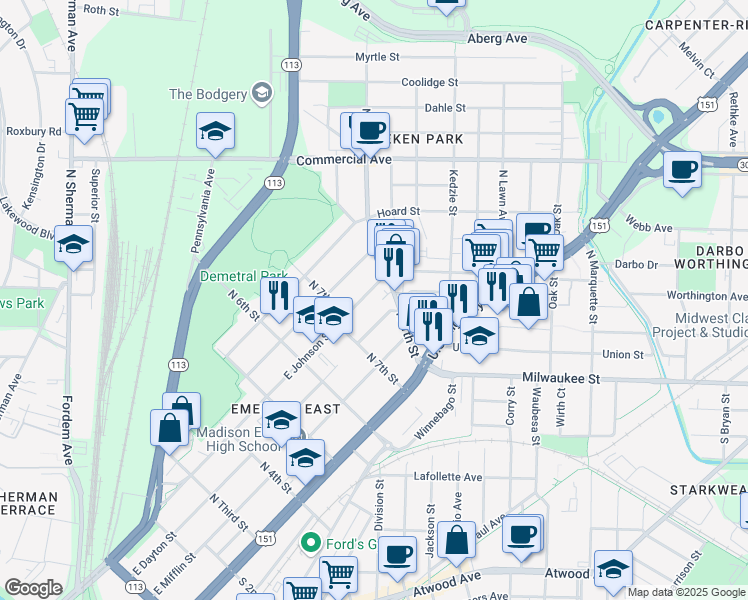 map of restaurants, bars, coffee shops, grocery stores, and more near 2545 East Johnson Street in Madison