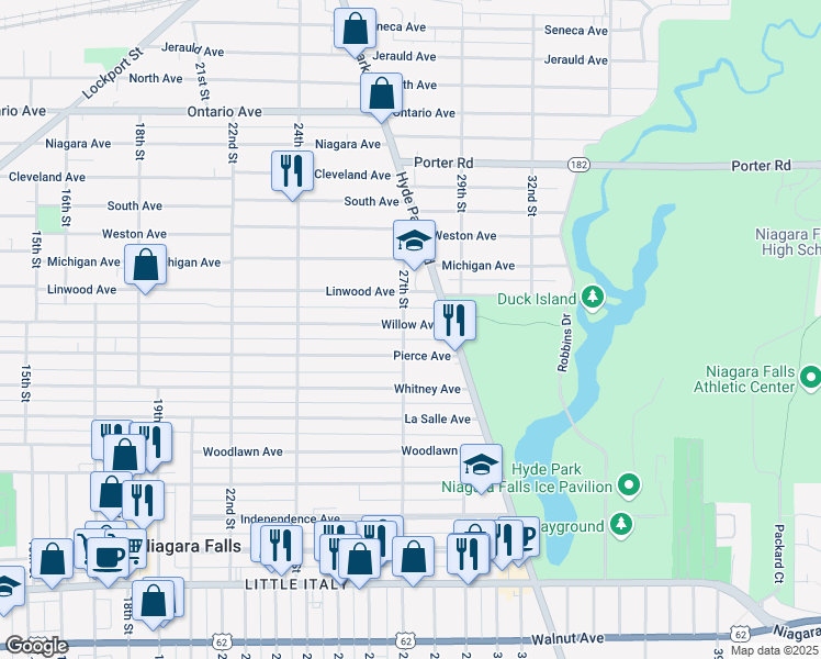 map of restaurants, bars, coffee shops, grocery stores, and more near 2705 Willow Avenue in Niagara Falls
