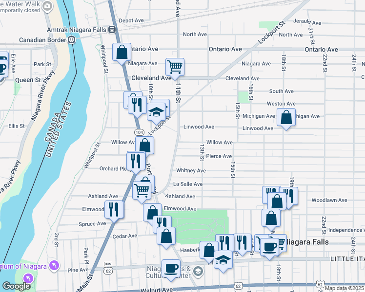 map of restaurants, bars, coffee shops, grocery stores, and more near 1113 Willow Avenue in Niagara Falls