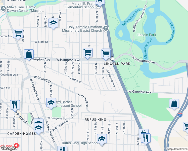 map of restaurants, bars, coffee shops, grocery stores, and more near 4693 North 19th Street in Milwaukee