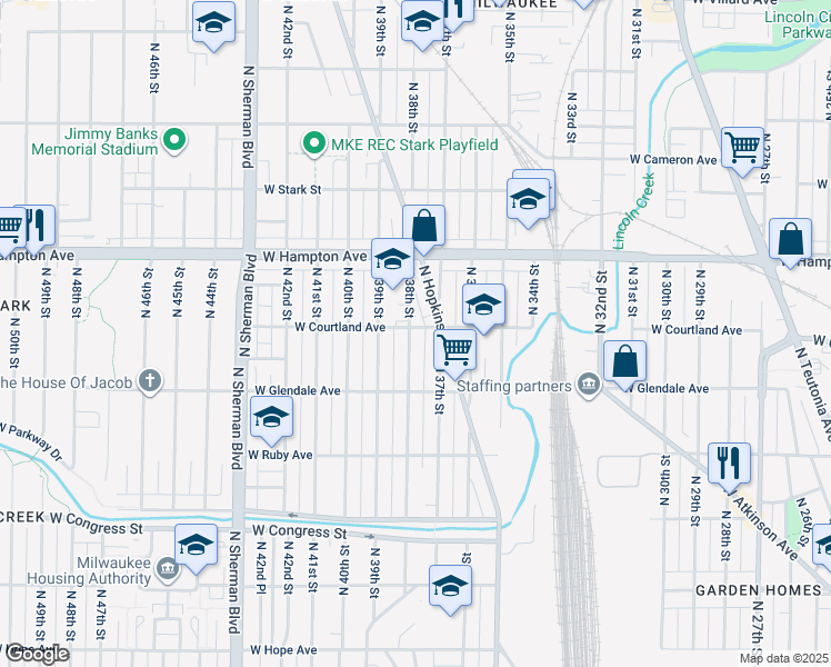 map of restaurants, bars, coffee shops, grocery stores, and more near 4676 North 38th Street in Milwaukee