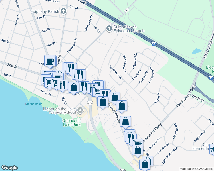 map of restaurants, bars, coffee shops, grocery stores, and more near 116 Salina Street in Liverpool