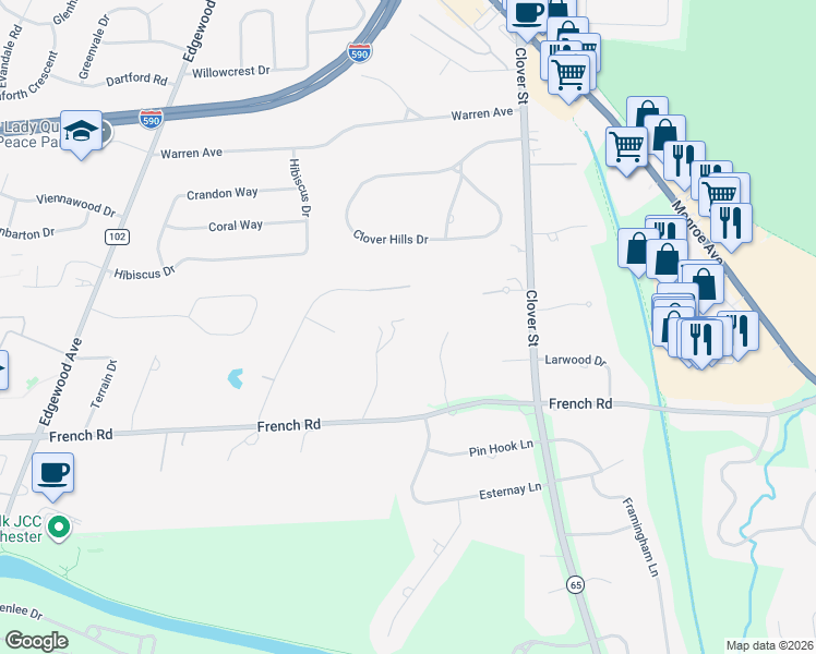 map of restaurants, bars, coffee shops, grocery stores, and more near 13 Trailwood Circle in Rochester