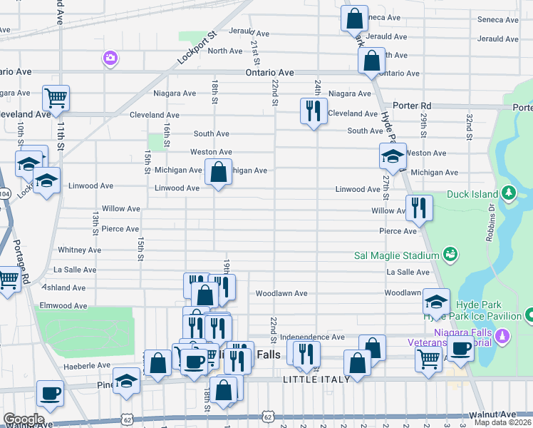 map of restaurants, bars, coffee shops, grocery stores, and more near 1883 Willow Avenue in Niagara Falls
