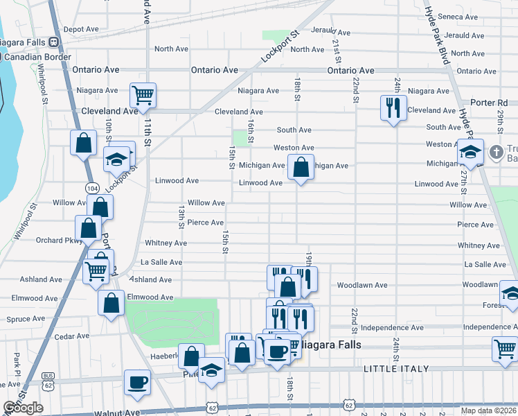 map of restaurants, bars, coffee shops, grocery stores, and more near 1541 Willow Avenue in Niagara Falls