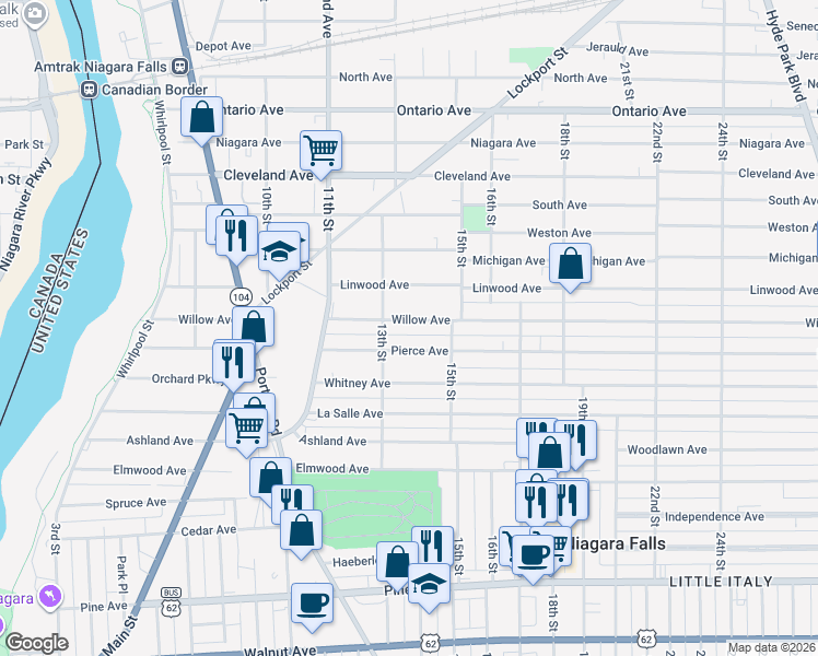 map of restaurants, bars, coffee shops, grocery stores, and more near 1331 Willow Avenue in Niagara Falls