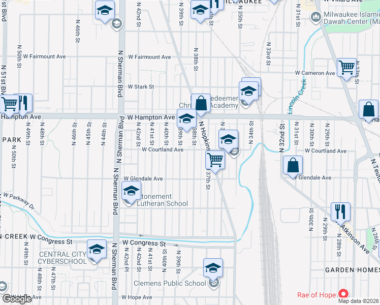 map of restaurants, bars, coffee shops, grocery stores, and more near 4676 North 38th Street in Milwaukee