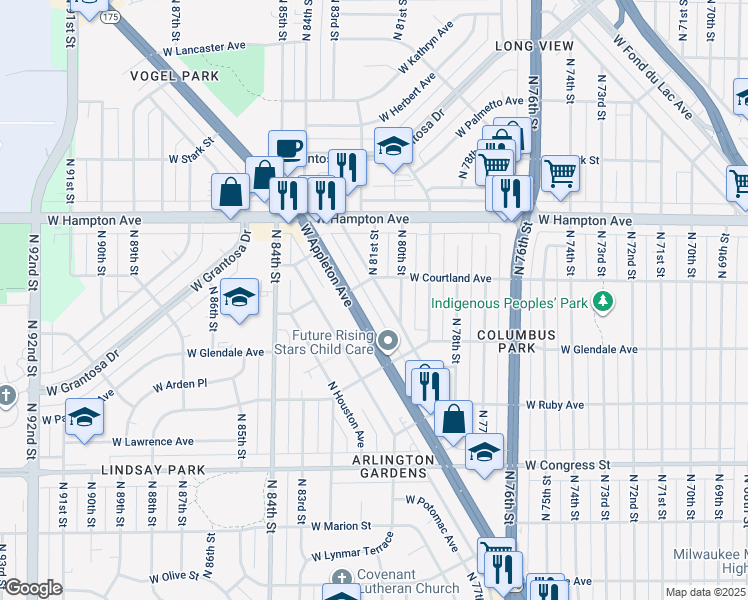 map of restaurants, bars, coffee shops, grocery stores, and more near 8051 West Beckett Avenue in Milwaukee