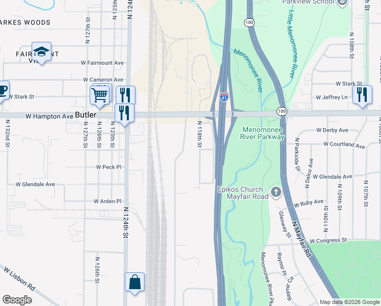 map of restaurants, bars, coffee shops, grocery stores, and more near 4701 North 118th Street in Wauwatosa
