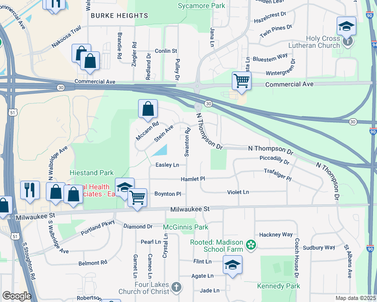 map of restaurants, bars, coffee shops, grocery stores, and more near 201 Swanton Road in Madison