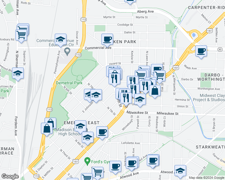 map of restaurants, bars, coffee shops, grocery stores, and more near in Madison