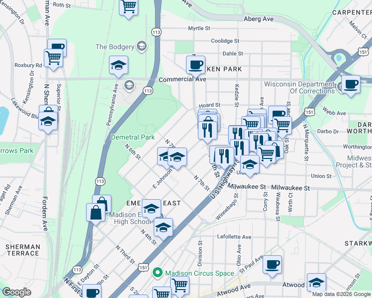 map of restaurants, bars, coffee shops, grocery stores, and more near 2518 East Johnson Street in Madison
