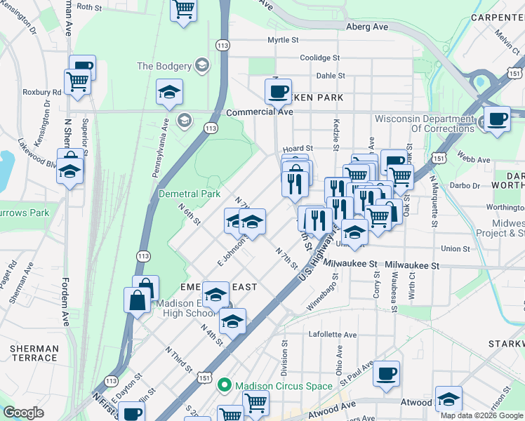 map of restaurants, bars, coffee shops, grocery stores, and more near 2518 East Johnson Street in Madison
