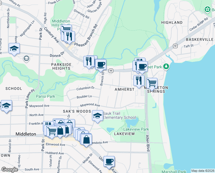 map of restaurants, bars, coffee shops, grocery stores, and more near 6433 Pheasant Lane in Middleton