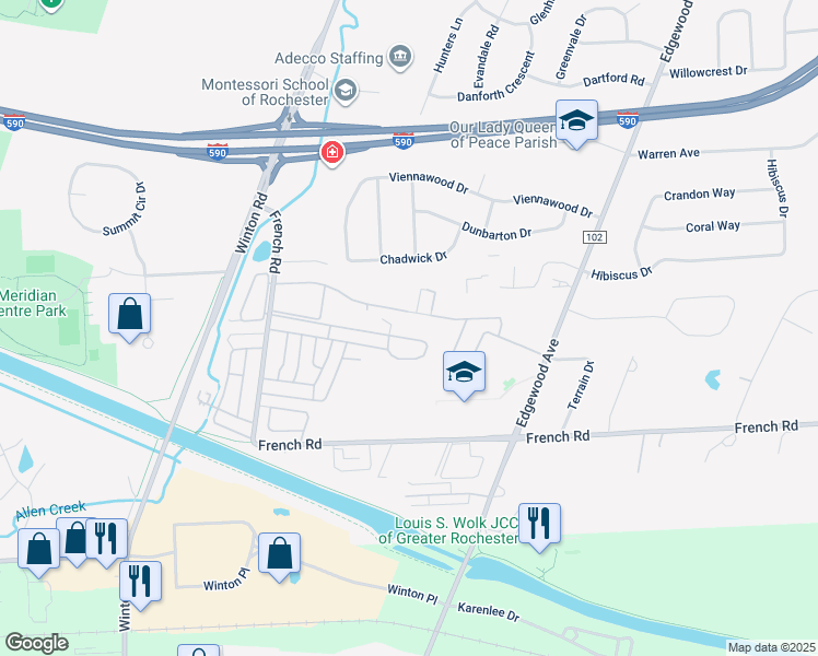 map of restaurants, bars, coffee shops, grocery stores, and more near 231 Greystone Lane in Rochester