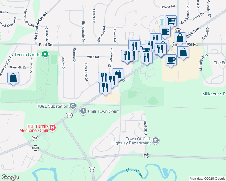 map of restaurants, bars, coffee shops, grocery stores, and more near 3303 Chili Ave in Rochester