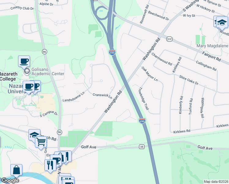 map of restaurants, bars, coffee shops, grocery stores, and more near 64 Landsdowne Lane in Rochester