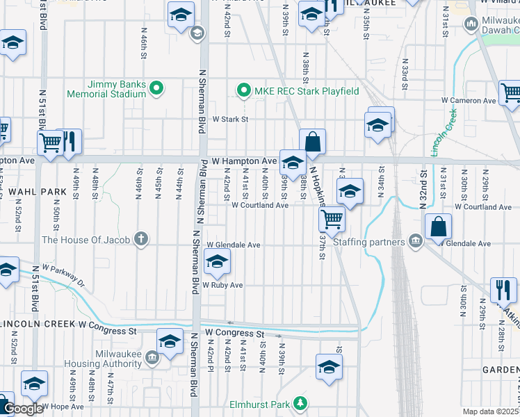map of restaurants, bars, coffee shops, grocery stores, and more near 4677 North 40th Street in Milwaukee