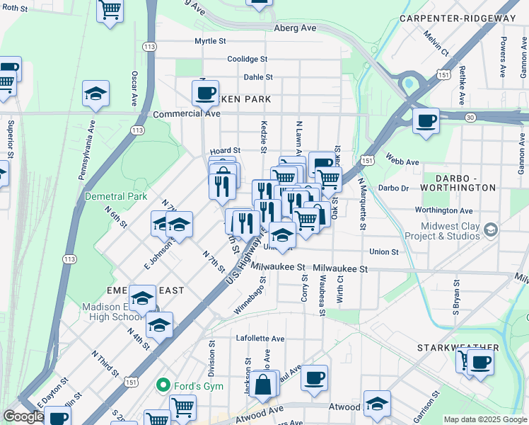 map of restaurants, bars, coffee shops, grocery stores, and more near 209 Kedzie Street in Madison