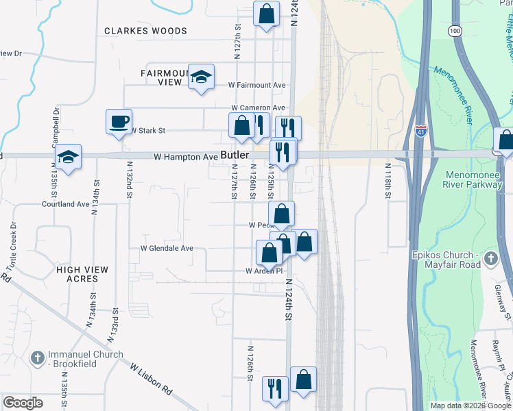 map of restaurants, bars, coffee shops, grocery stores, and more near 4690 North 126th Street in Butler