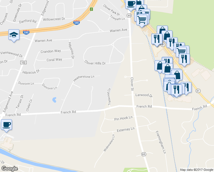 map of restaurants, bars, coffee shops, grocery stores, and more near 13 Trailwood Circle in Rochester