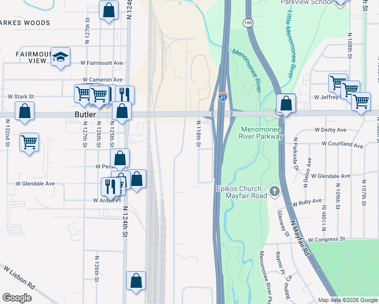 map of restaurants, bars, coffee shops, grocery stores, and more near 4701 North 118th Street in Wauwatosa