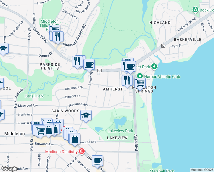 map of restaurants, bars, coffee shops, grocery stores, and more near 6330 Pheasant Lane in Middleton