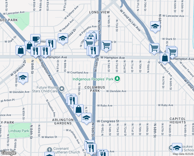 map of restaurants, bars, coffee shops, grocery stores, and more near 4664 North 76th Street in Milwaukee