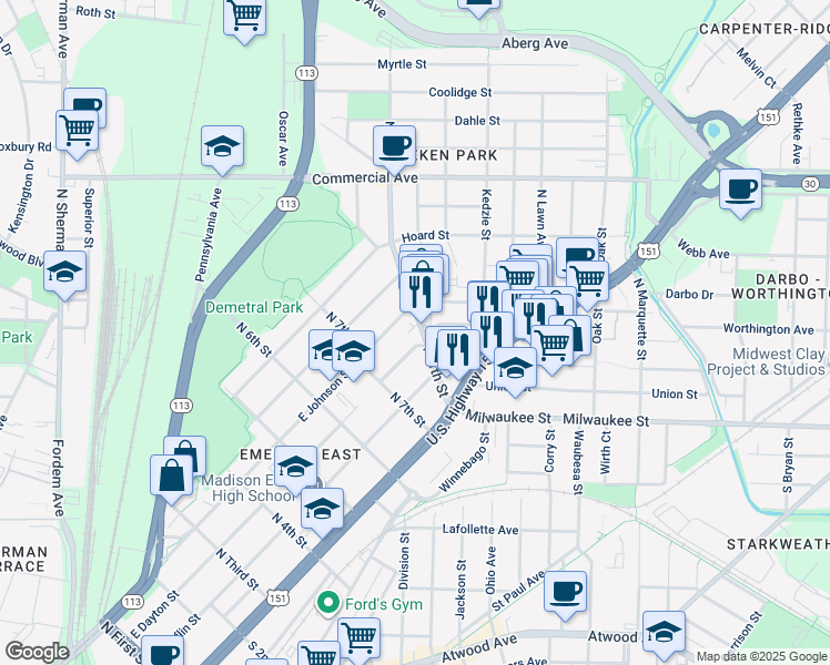 map of restaurants, bars, coffee shops, grocery stores, and more near 206 North Street in Madison