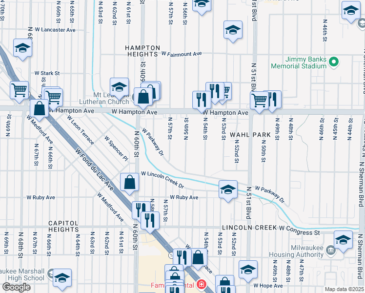 map of restaurants, bars, coffee shops, grocery stores, and more near 4675 North 56th Street in Milwaukee