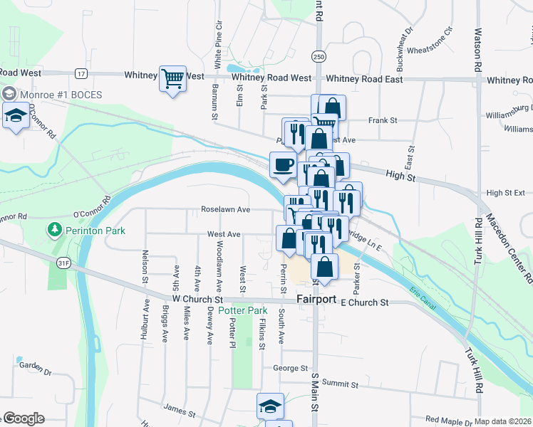 map of restaurants, bars, coffee shops, grocery stores, and more near 2 Beardsley Street in Fairport