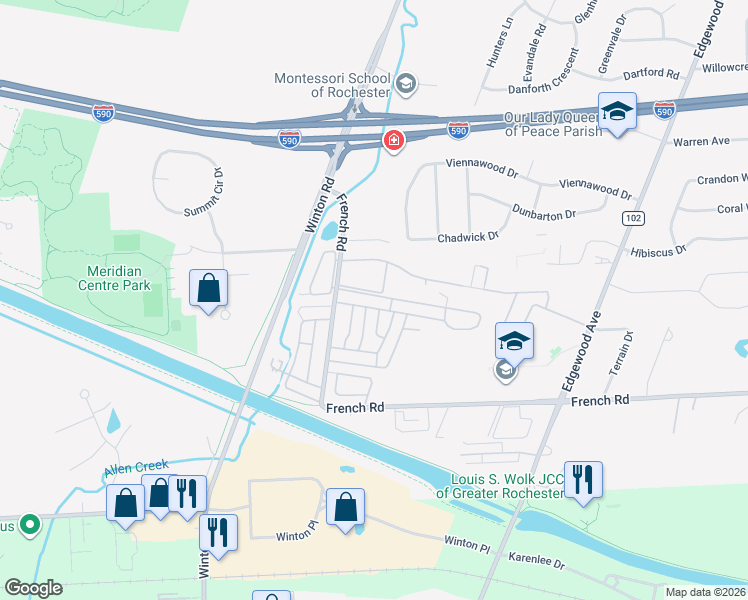 map of restaurants, bars, coffee shops, grocery stores, and more near 452 Eastbrooke Lane in Rochester
