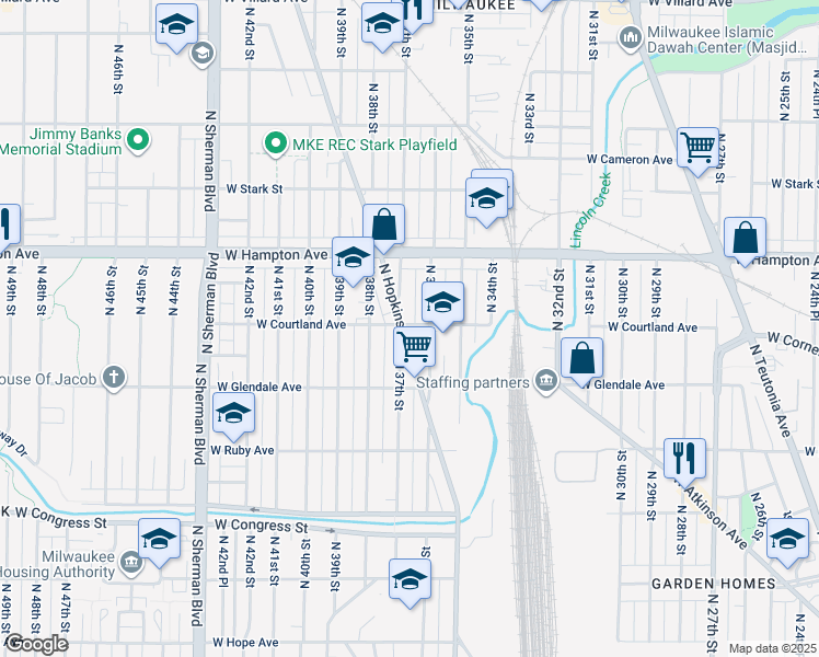 map of restaurants, bars, coffee shops, grocery stores, and more near 4680 North Hopkins Street in Milwaukee