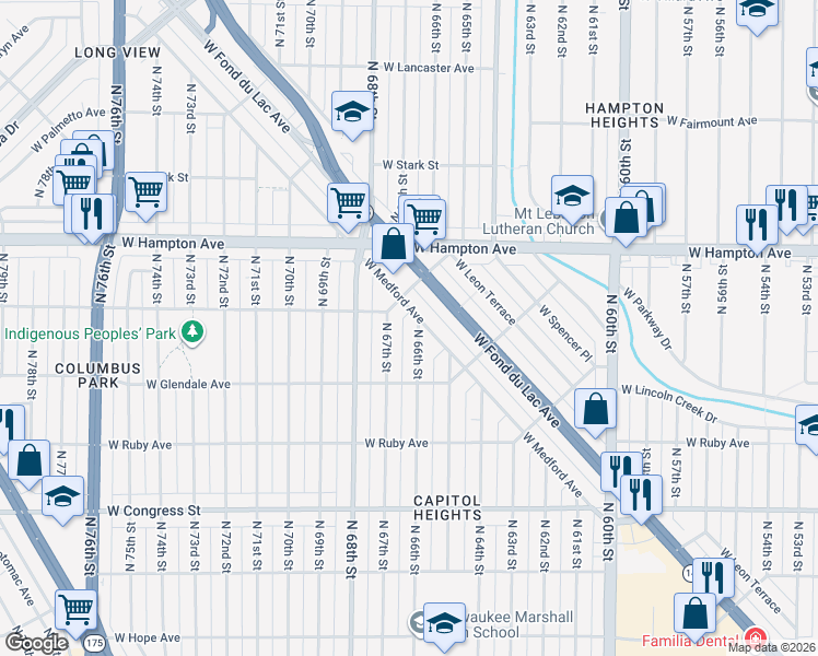 map of restaurants, bars, coffee shops, grocery stores, and more near 4673 North 66th Street in Milwaukee