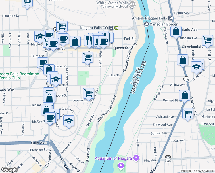 map of restaurants, bars, coffee shops, grocery stores, and more near 4330 Simcoe Street in Niagara Falls