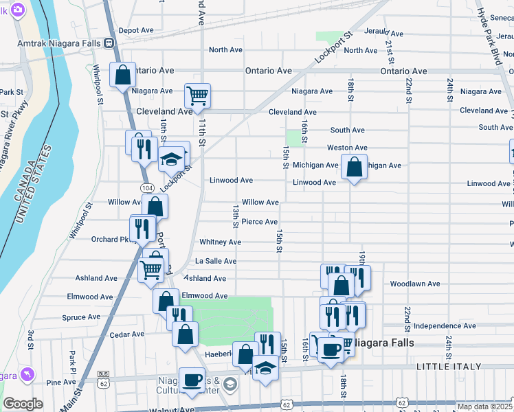 map of restaurants, bars, coffee shops, grocery stores, and more near 1331 Willow Avenue in Niagara Falls