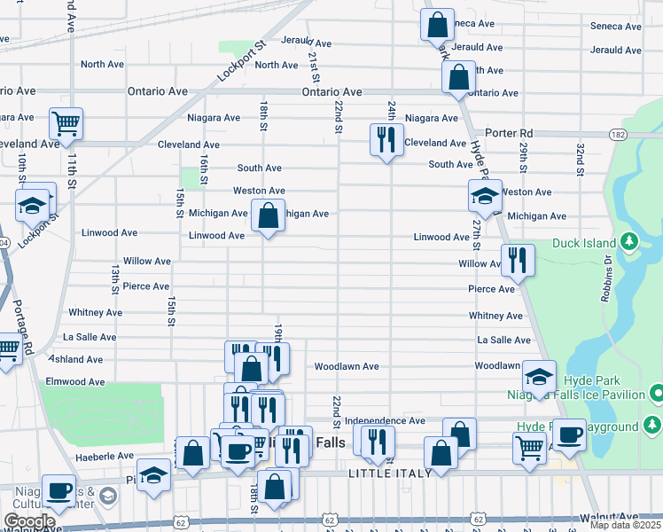 map of restaurants, bars, coffee shops, grocery stores, and more near 1883 Willow Avenue in Niagara Falls